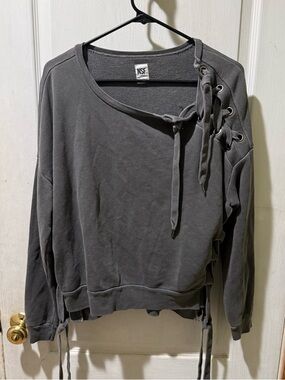 NSF Lace Up Crew Neck Dark Gray Sweater Women’s Size Medium Side Ties & Neck Tie